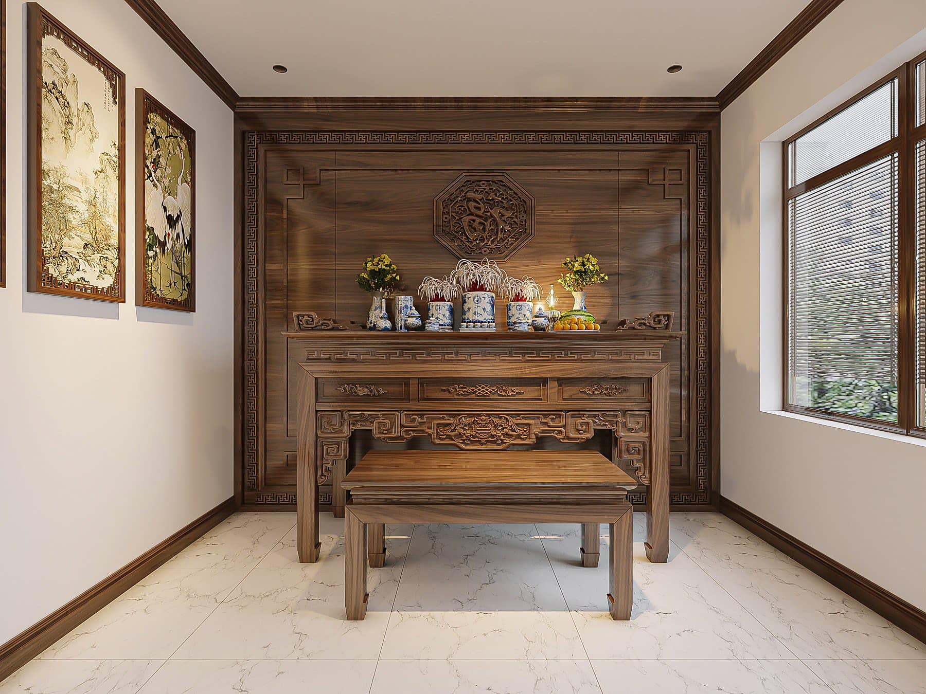 Công ty thi công nội thất có xưởng sản xuất trực tiếp Đô Lương uy tín - Giá tận gốc 15 Thi công nội thất phòng thờ gỗ gõ đỏ trang nghiêm.