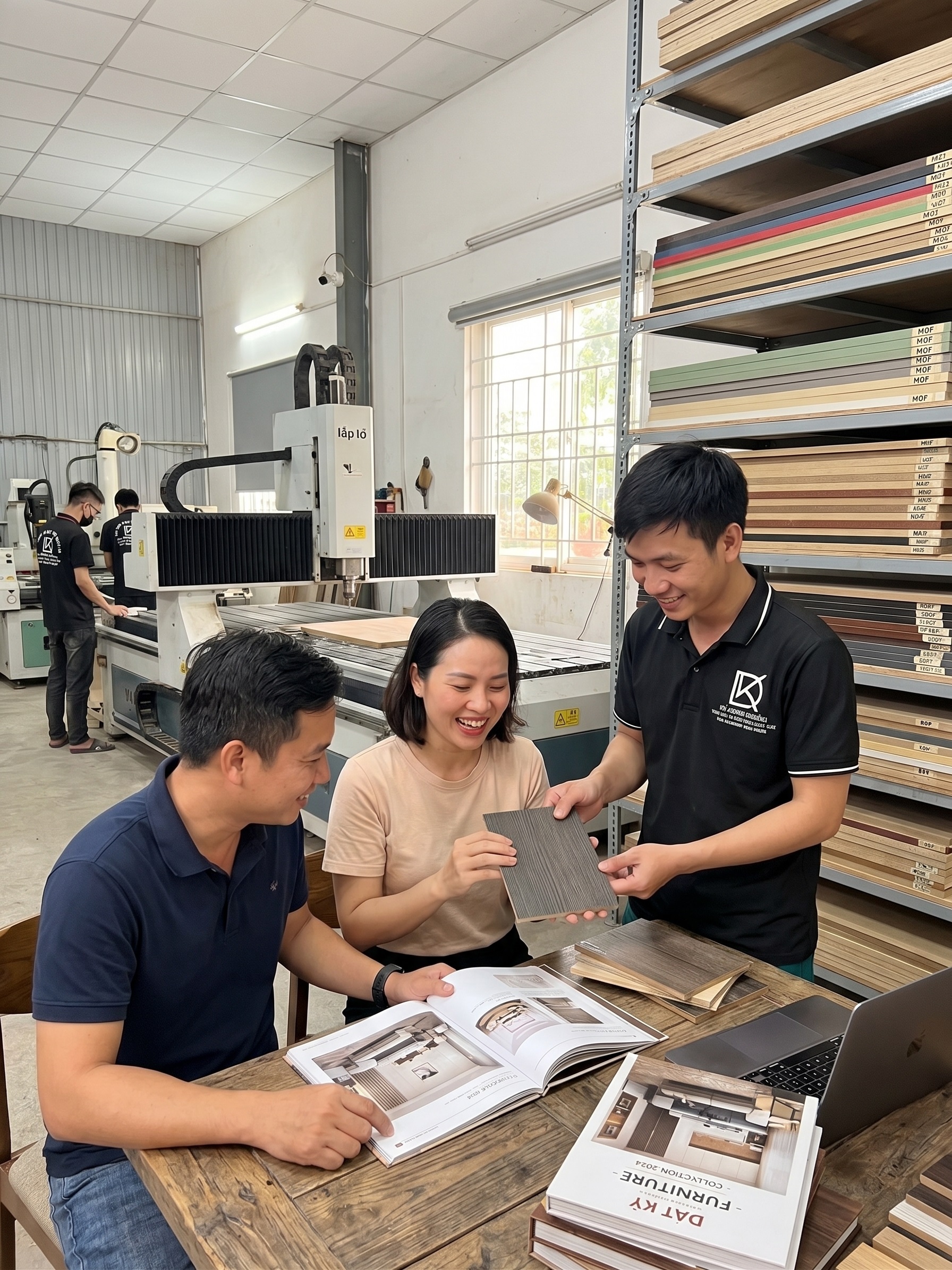 Công ty thi công nội thất có xưởng sản xuất trực tiếp Đô Lương uy tín - Giá tận gốc 19 Khách hàng tham quan và chọn vật liệu tại xưởng mộc thi công nội thất Đạt Kỳ.