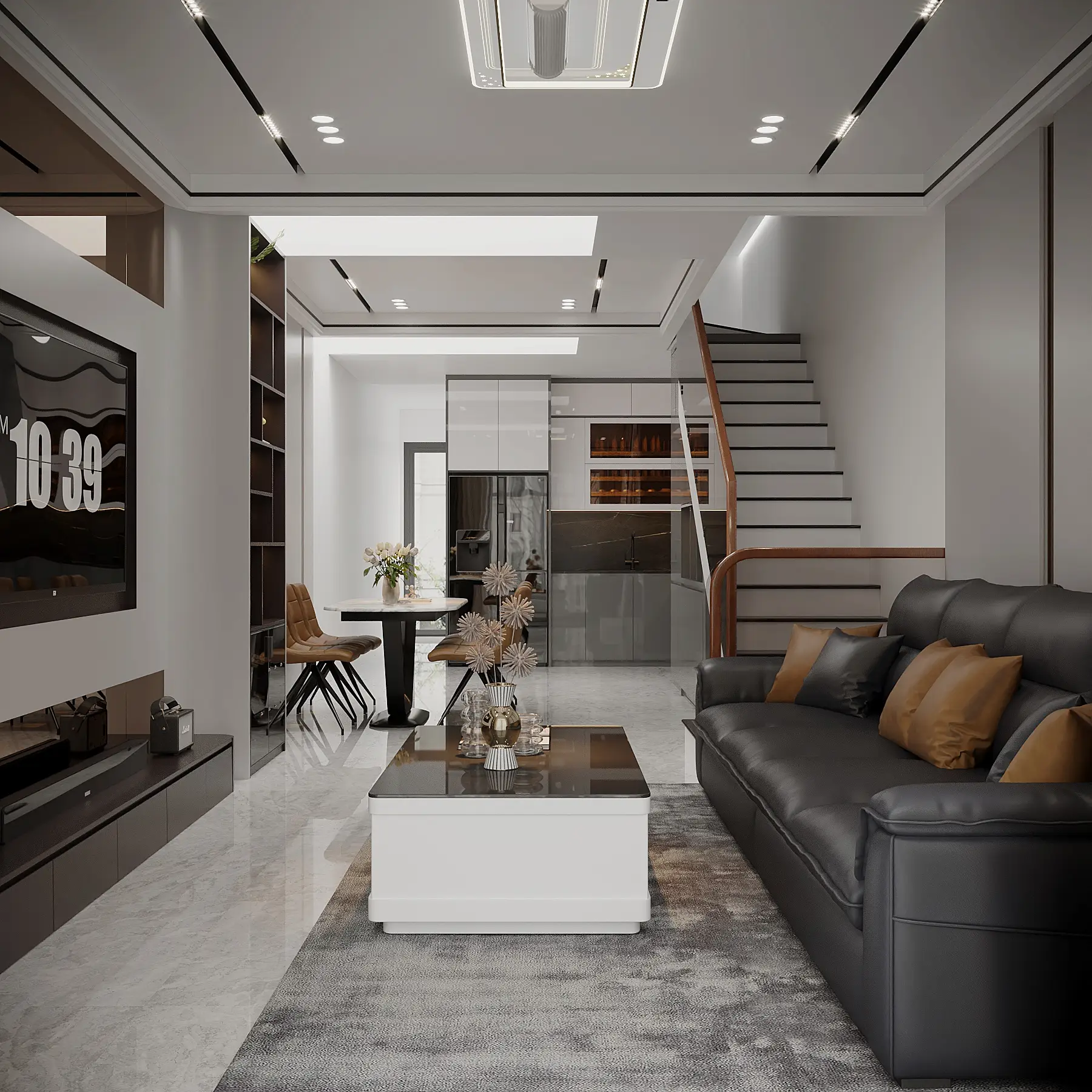 Mẫu thiết kế nội thất nhà phố 3 tầng Đô Lương hiện đại, chuẩn công năng 3 Nội thất phòng khách nhà phố 3 tầng gỗ công nghiệp