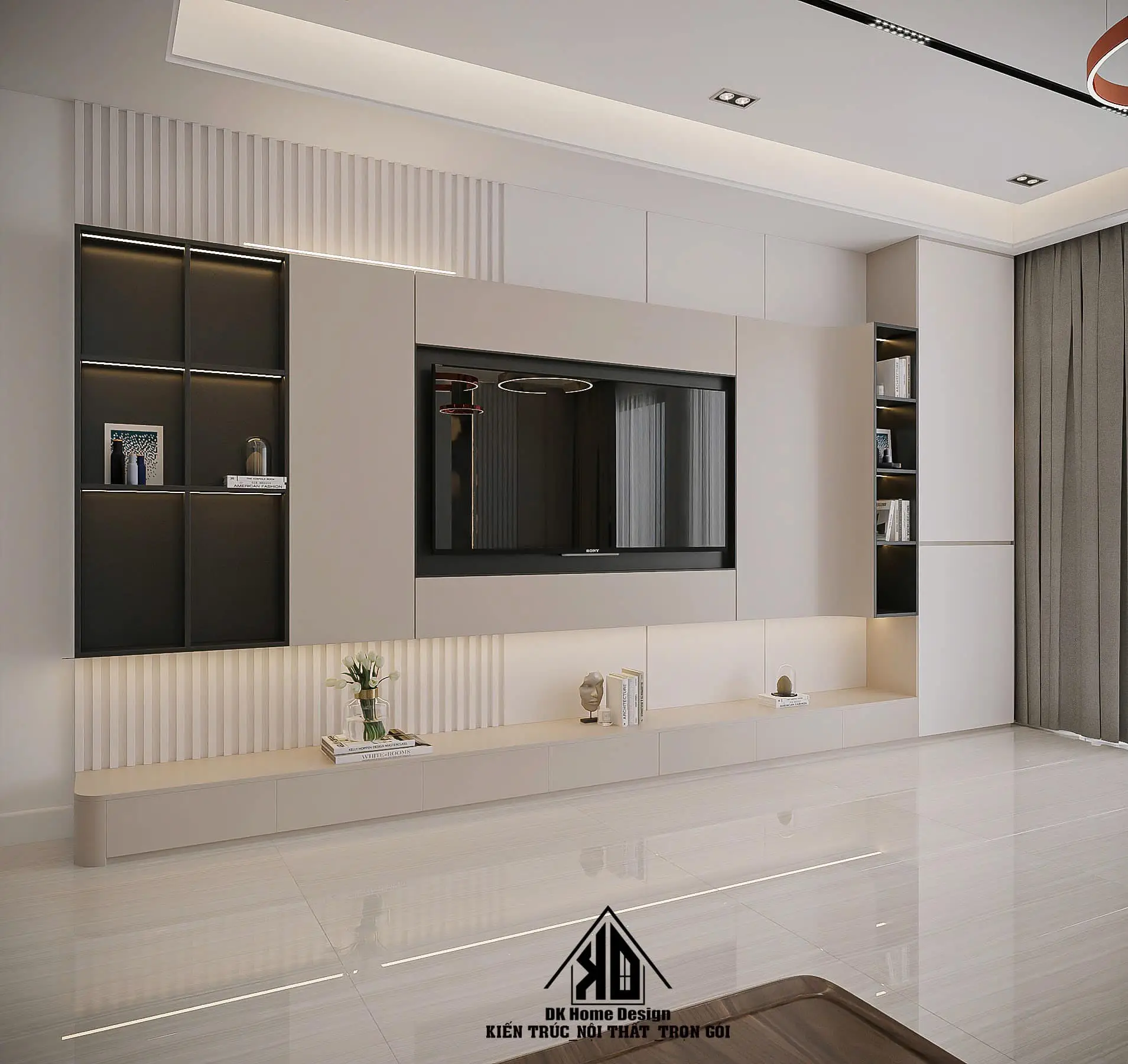 Ý tưởng thiết kế nội thất phòng khách nhà phố liền kề đẹp tại Đô Lương 14 Tủ kệ tivi gỗ công nghiệp thiết kế liền khối treo tường tinh tế