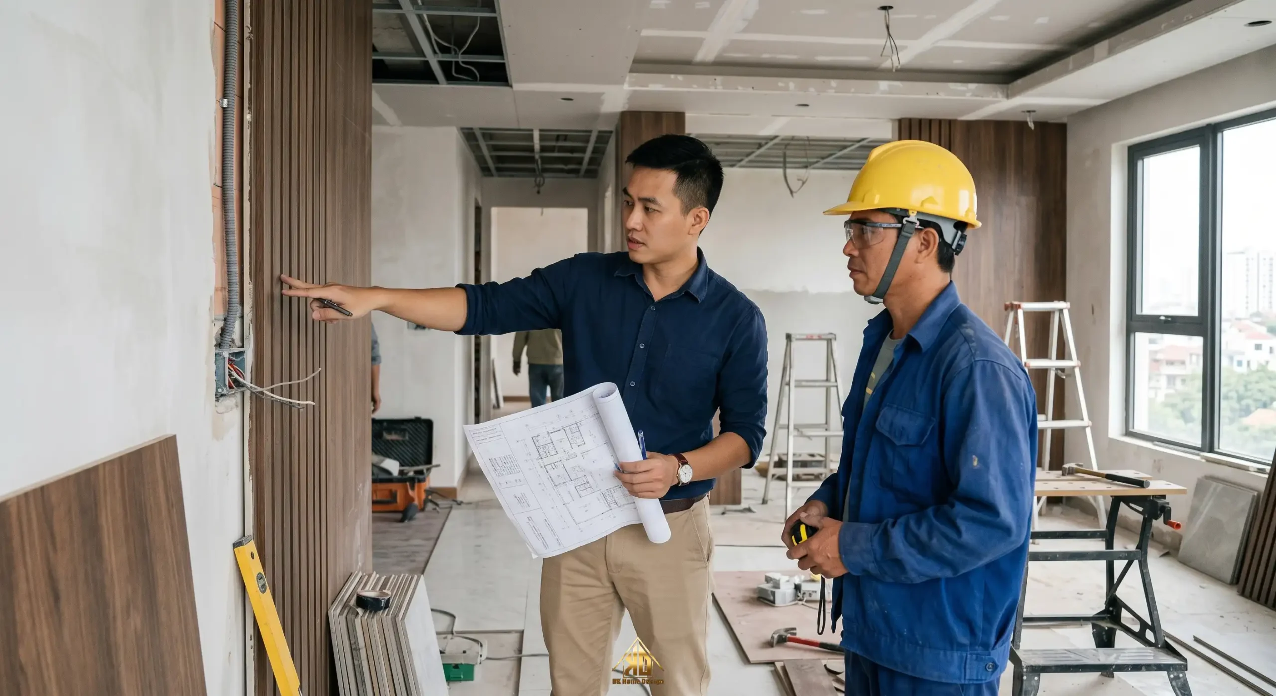 Bí Quyết Chọn Xưởng Thiết Kế Thi Công Nội Thất Nhà Phố Hiện Đại Trực Tiếp Tại Đô Lương 10 KTS Trần Tùng - CEO Nội Thất Đạt Kỳ trực tiếp kiểm tra tiến độ thi công nhà phố tại Đô Lương