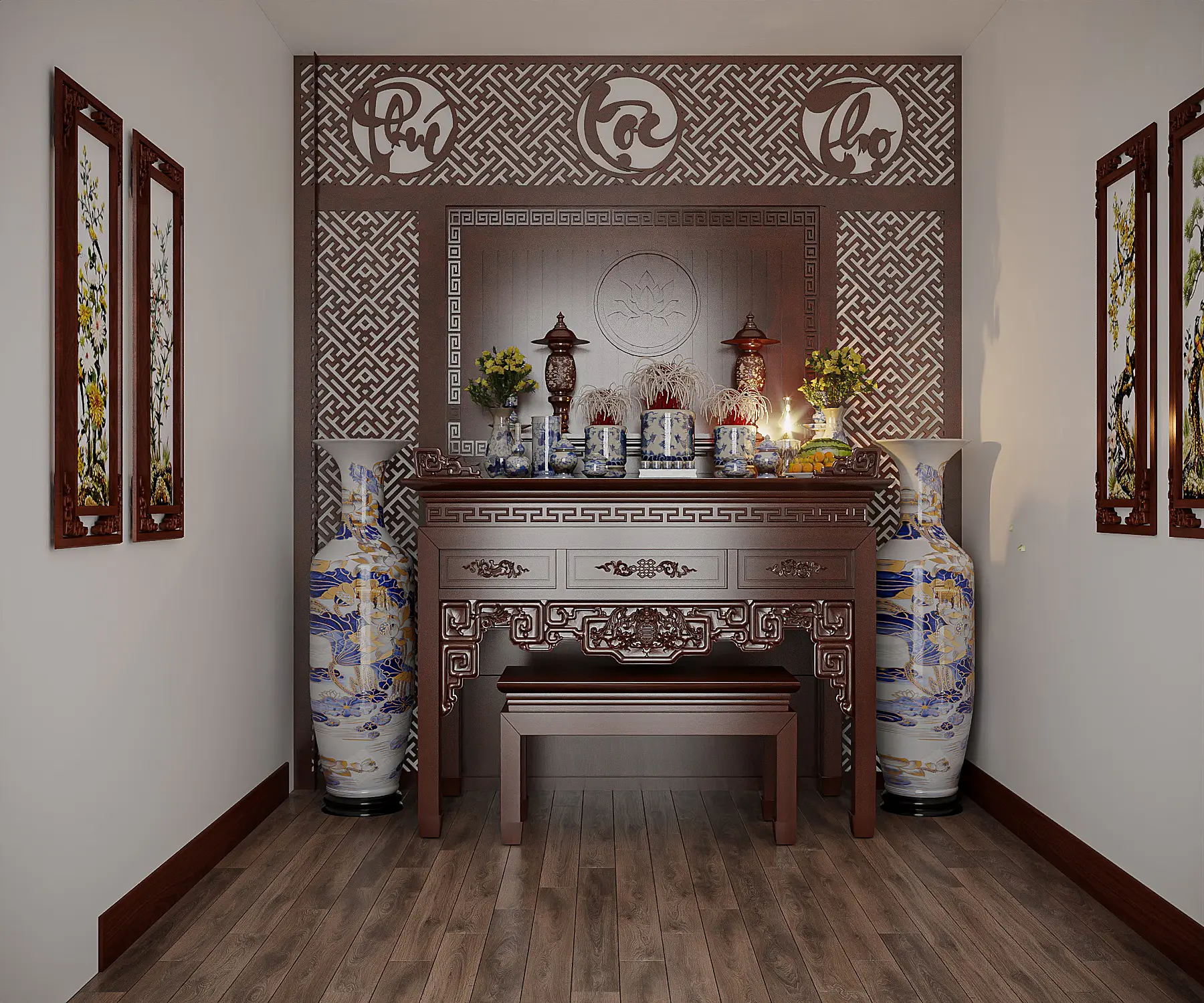 Mẫu thiết kế nội thất nhà phố 3 tầng Đô Lương hiện đại, chuẩn công năng 7 Nội thất phòng thờ nhà phố 3 tầng trang nghiêm