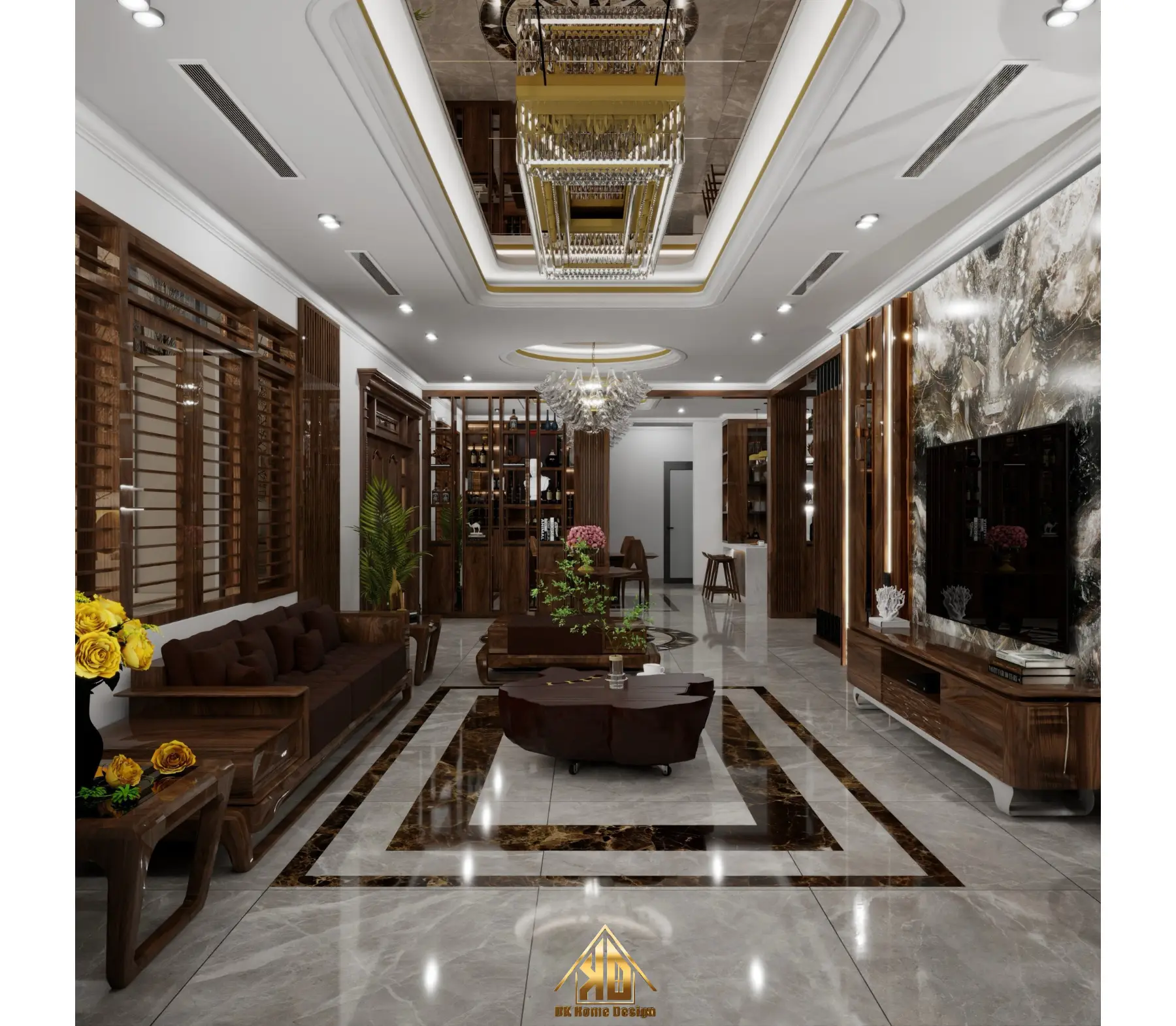 Ý tưởng thiết kế nội thất phòng khách nhà phố liền kề đẹp tại Đô Lương 4 Thiết kế phòng khách hiện đại tối giản với hệ tủ trang trí kịch trần