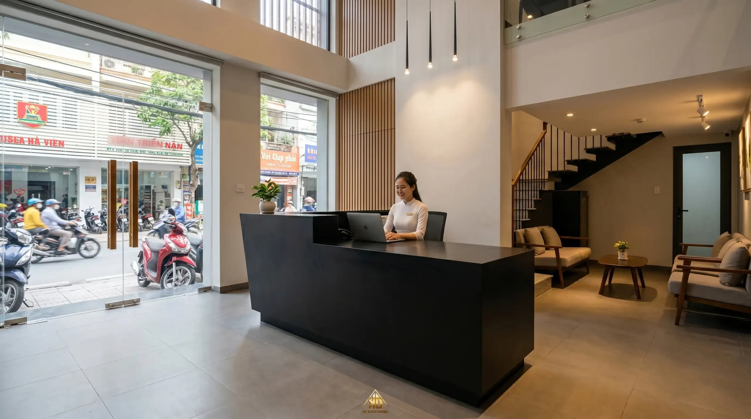 Giải Pháp Thiết Kế Thi Công Nội Thất Nhà Phố Hiện Đại Kinh Doanh Kết Hợp Mặt Tiền 8m Sâu 20m 10 Quầy lễ tân vật liệu Picomat chống nước