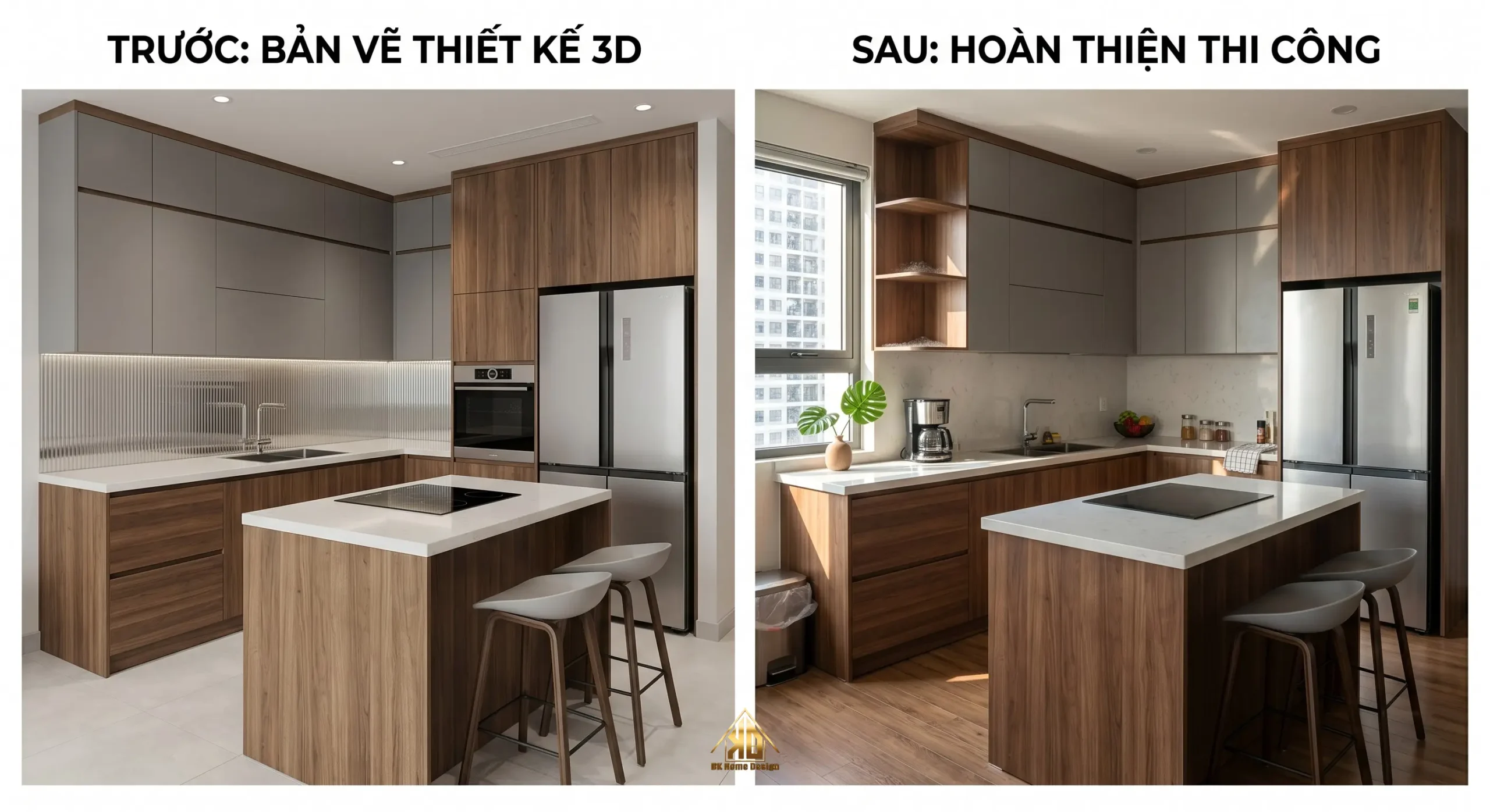 Bí Quyết Chọn Xưởng Thiết Kế Thi Công Nội Thất Nhà Phố Hiện Đại Trực Tiếp Tại Đô Lương 8 So sánh bản vẽ thiết kế 3D và hình ảnh thi công thực tế của Nội Thất Đạt Kỳ