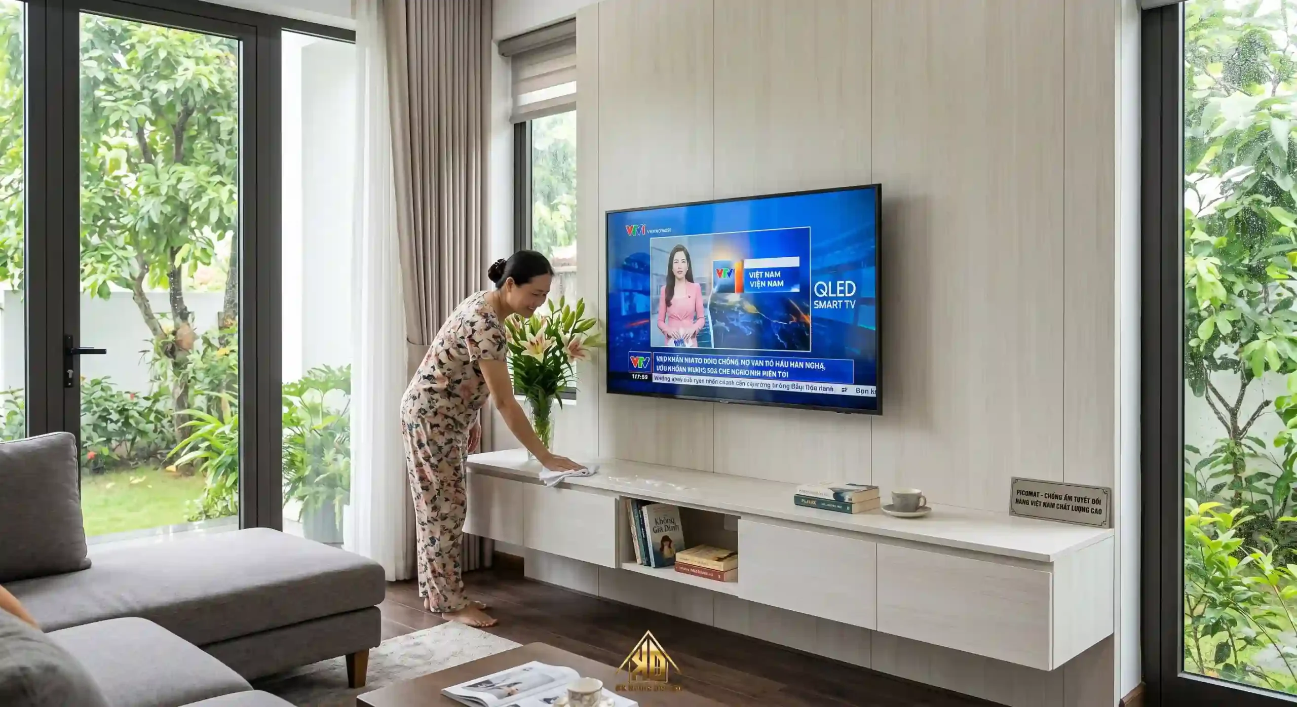 Thi Công Nội Thất Phòng Khách Đô Lương Hết Khoảng Bao Nhiêu Tiền? 6 Vách ốp tivi Picomat chống ẩm tuyệt đối