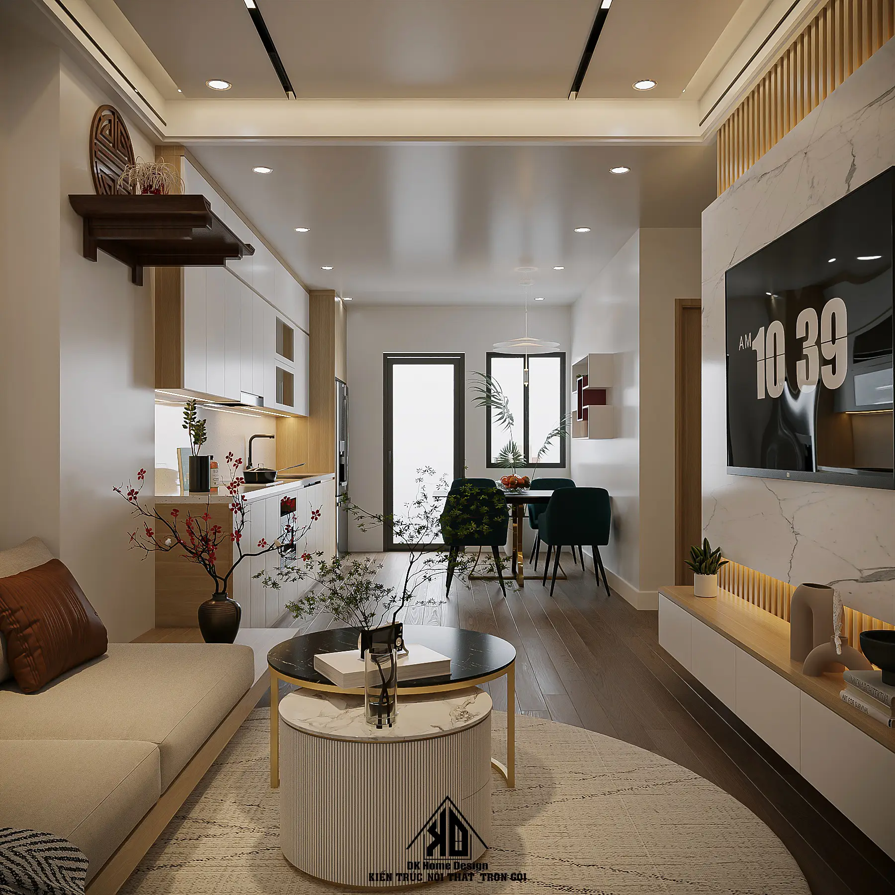 Ý tưởng thiết kế nội thất phòng khách nhà phố liền kề đẹp tại Đô Lương 7 Vách ốp tường gỗ công nghiệp khổ lớn tạo điểm nhấn quyền lực cho phòng khách