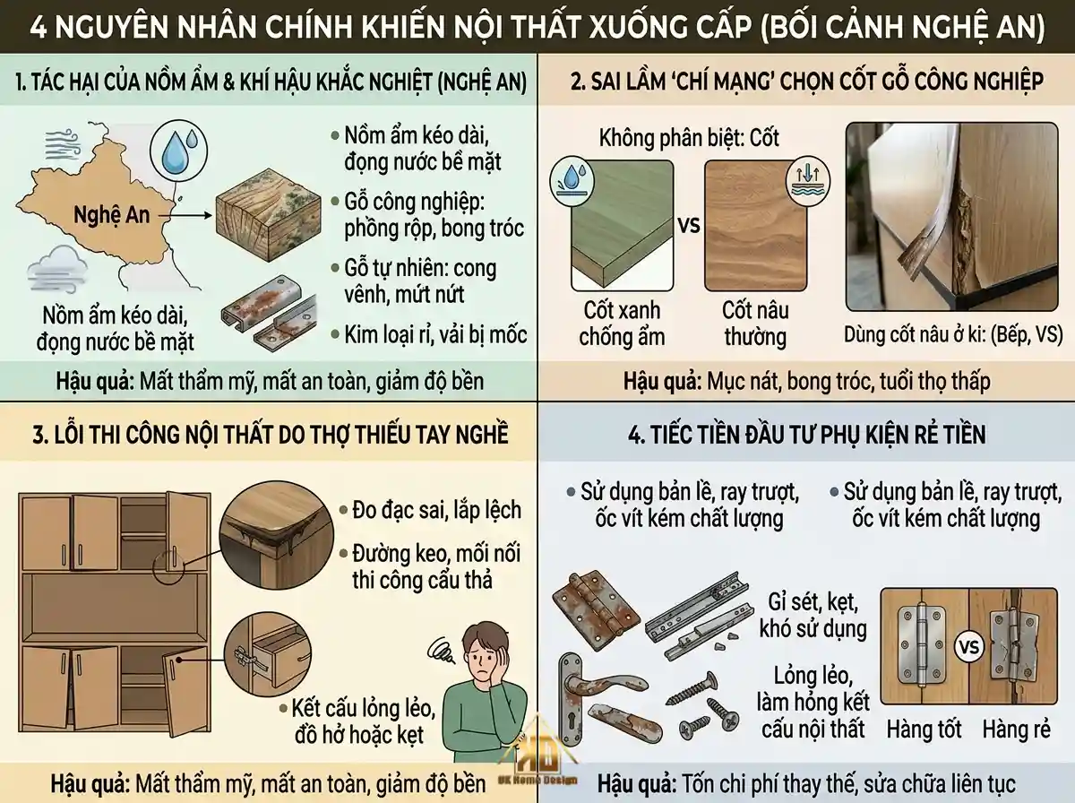 Nguyên nhân nội thất phòng khách xuống cấp của gia chủ Đô Lương, Nghệ An sau 2 năm đưa vào sử dụng 5 4 nguyên nhân nội thất xuống cấp thiết kế dạng Infographic