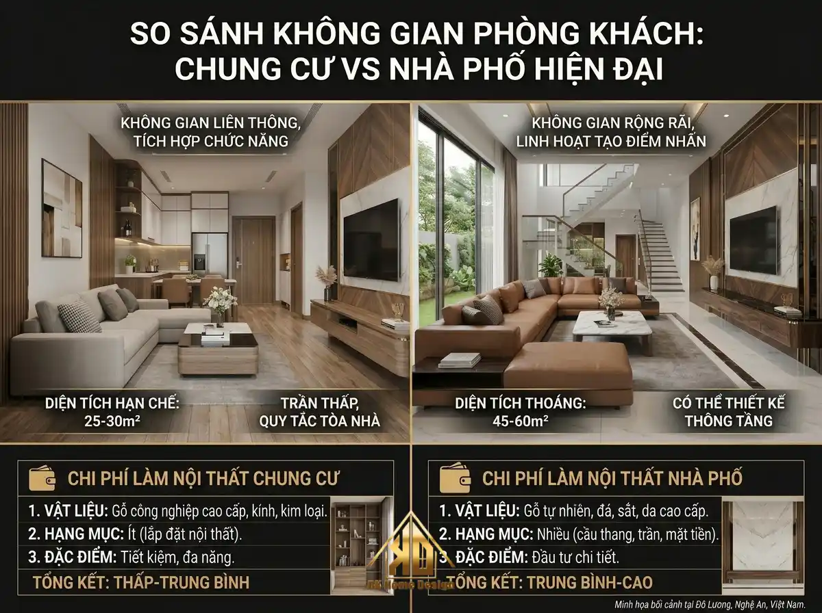 4 Yếu tố ảnh hưởng giá thi công nội thất phòng khách Đô Lương, Nghệ An 16 So sánh không gian và chi phí làm nội thất chung cư với nhà phố hiện đại