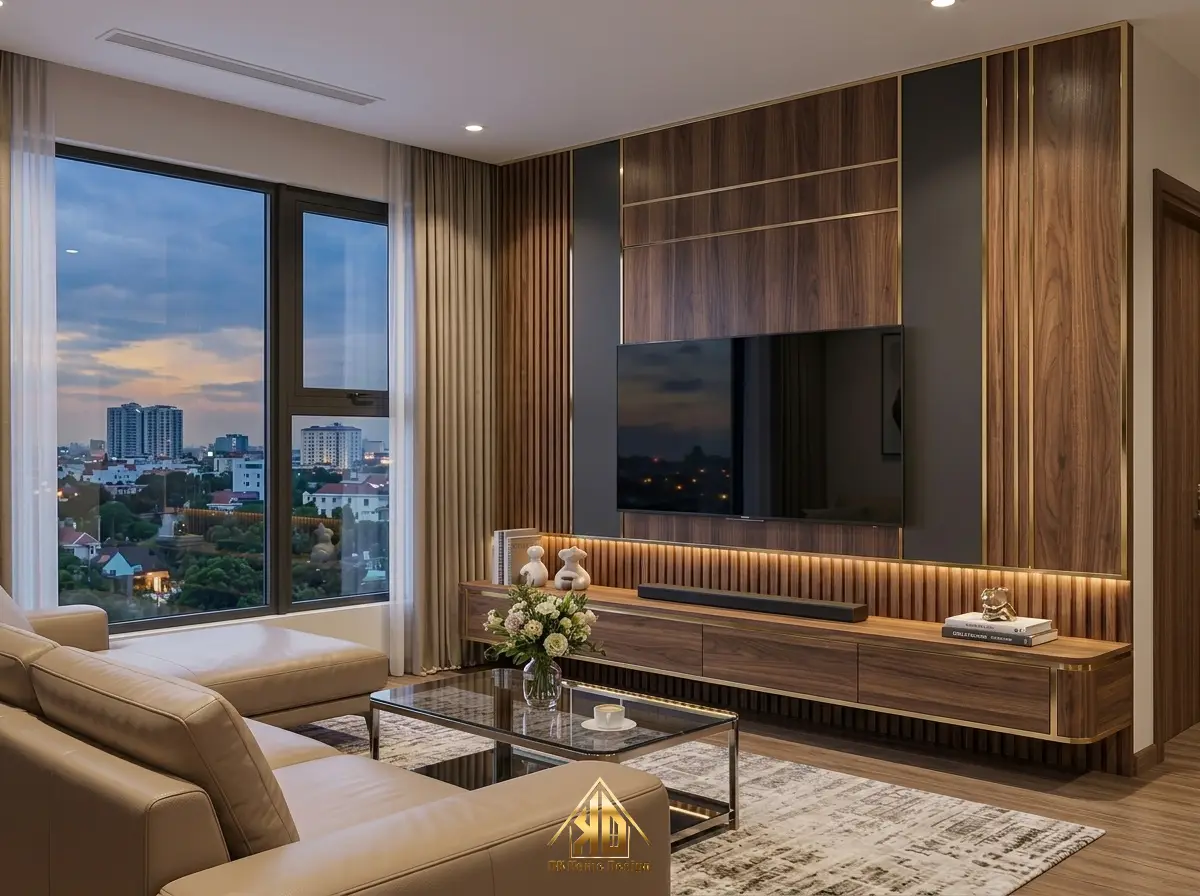 4 Yếu tố ảnh hưởng giá thi công nội thất phòng khách Đô Lương, Nghệ An 10 Điểm xuyết nẹp kim loại mạ PVD sang trọng trên vách gỗ công nghiệp