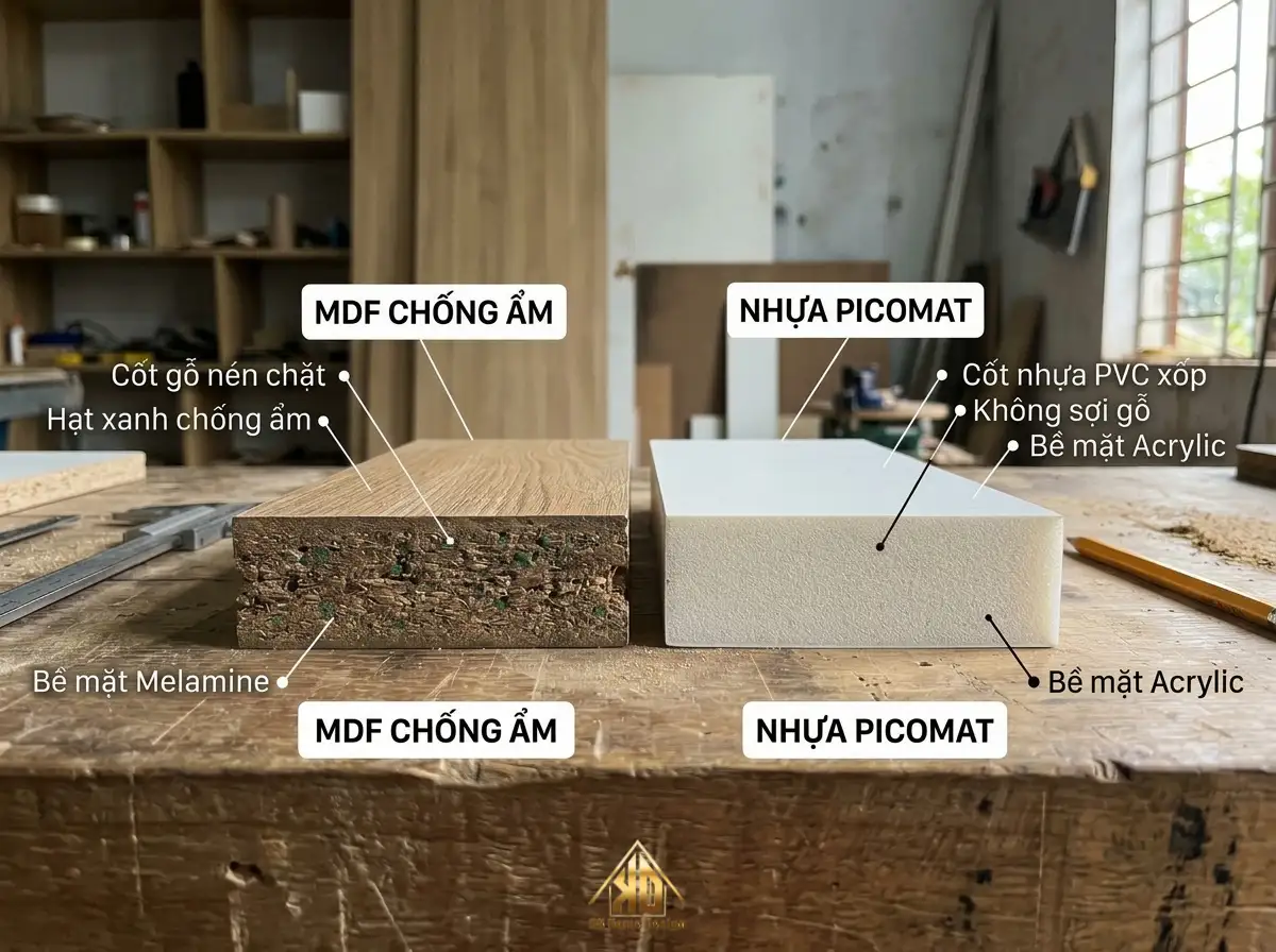 4 Yếu tố ảnh hưởng giá thi công nội thất phòng khách Đô Lương, Nghệ An 3 Phân biệt cốt gỗ MDF lõi xanh chống ẩm và cốt nhựa Picomat cao cấp