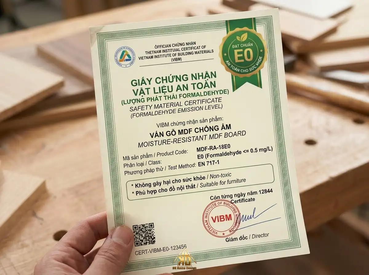 Kinh nghiệm chọn gỗ thi công nội thất phòng khách Đô Lương, Nghệ An bền và tiết kiệm chi phí năm 2026 17 Chứng nhận tiêu chuẩn khí thải E1 an toàn của ván gỗ công nghiệp