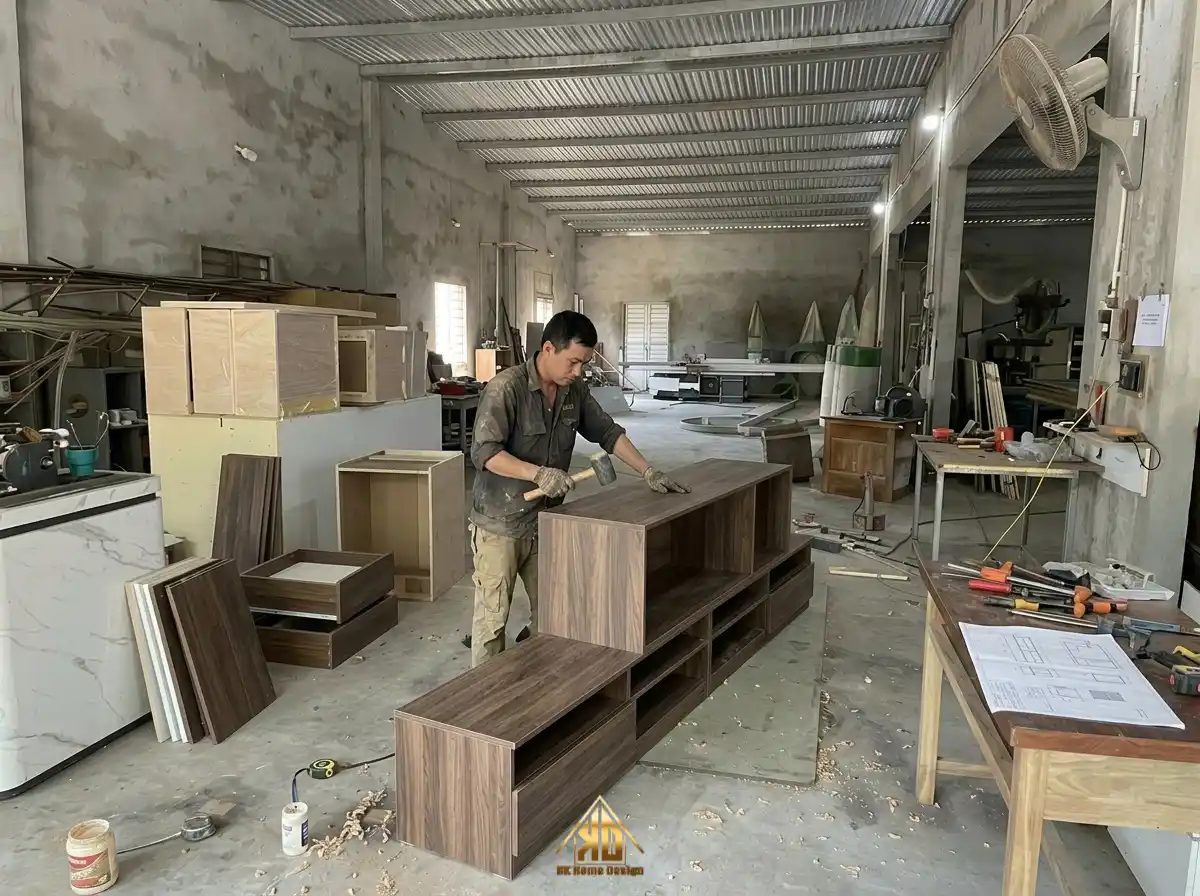 Thời gian thi công nội thất phòng khách Đô Lương, Nghệ An mất bao lâu? 6 Lắp ráp module nội thất phòng khách tại xưởng