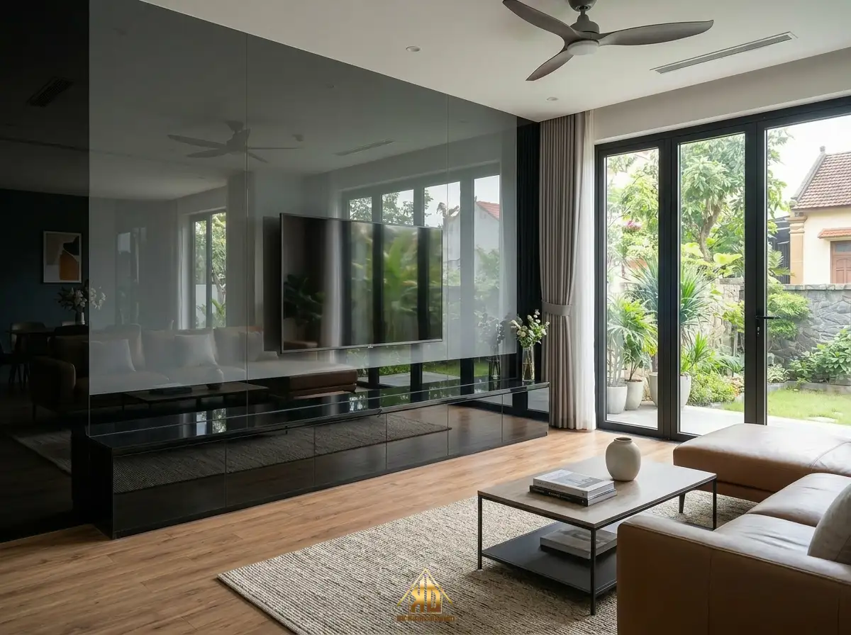 Thi công nội thất phòng khách nhà mái Nhật 5m Đô Lương kiểu gì cho đỡ chật? 7 Nội thất nhà mái nhật hiện đại vách ốp Acrylic