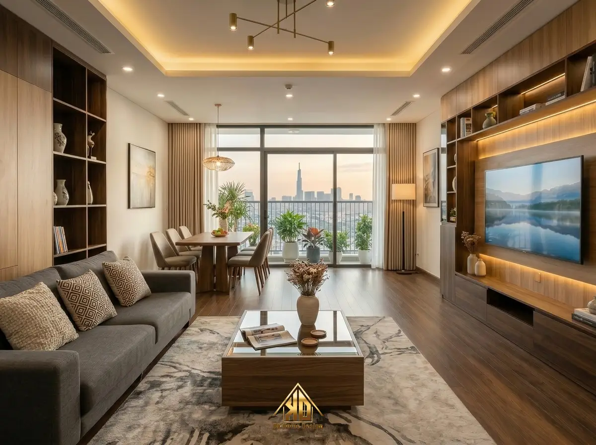 Kinh nghiệm chọn gỗ thi công nội thất phòng khách Đô Lương, Nghệ An bền và tiết kiệm chi phí năm 2026 2 Không gian nội thất phòng khách hiện đại thiết kế từ gỗ công nghiệp sang trọng