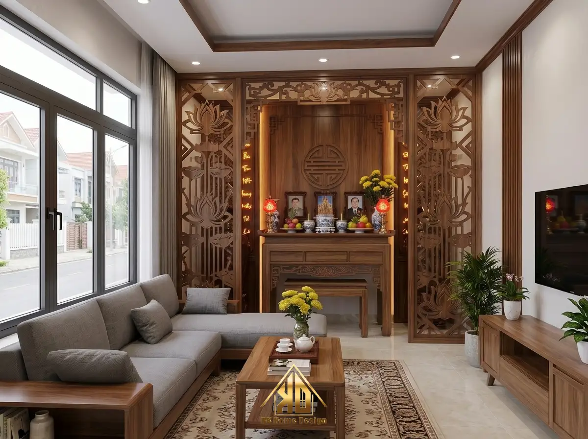 Thi Công Nội Thất Phòng Khách Nhà Mái Nhật Đô Lương Nên Làm Kiểu Gì Cho Hợp Xu Hướng Năm 2026? 11 Phòng khách kết hợp phòng thờ nhà mái Nhật