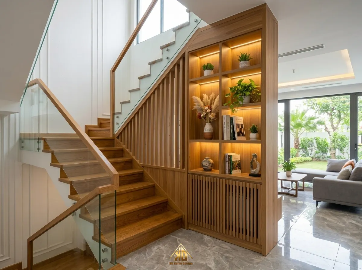 Kinh Nghiệm Thi Công Nội Thất Phòng Khách Nhà Ống Đô Lương, Nghệ An Đẹp & Tối Ưu Công Năng 6 Thiết kế phòng khách nhà ống có cầu thang thông minh