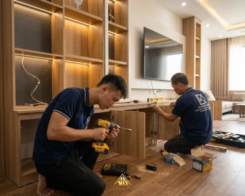 Thi Công Nội Thất Phòng Khách Trọn Gói Đô Lương Nghệ An Uy Tín, Chất Lượng Năm 2026 40 Quy trình lắp đặt nội thất phòng khách tận nơi an toàn