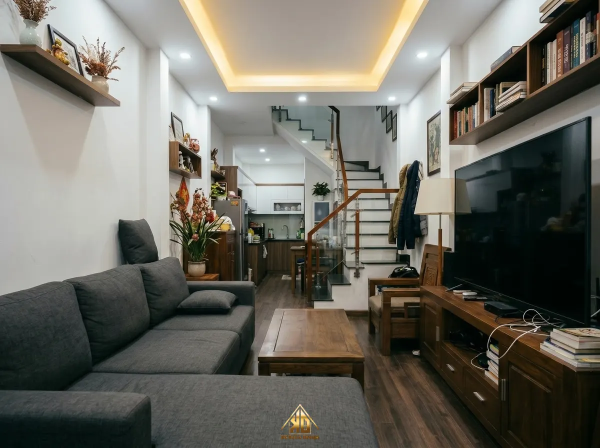 Thi công nội thất phòng khách nhà mái Nhật 5m Đô Lương kiểu gì cho đỡ chật? 2 Lỗi cách bố trí phòng khách nhà mái Nhật 5m