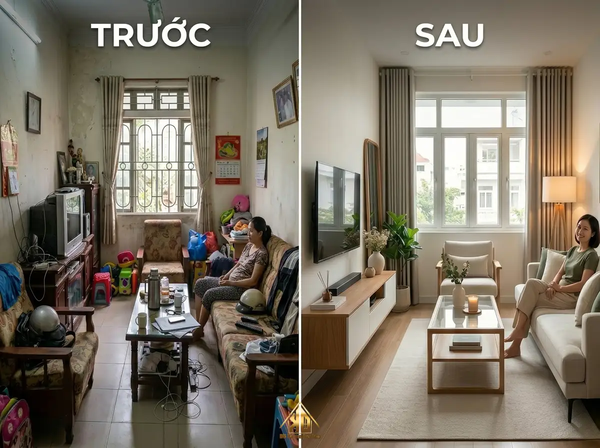 Làm nội thất phòng khách trọn gói Đô Lương năm 2026 có tiết kiệm hơn không? 2 Hậu quả của việc tự gọi thợ lẻ thi công phòng khách
