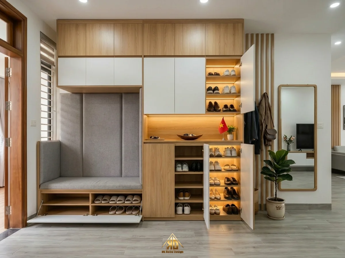 Kinh nghiệm chọn gỗ thi công nội thất phòng khách Đô Lương, Nghệ An bền và tiết kiệm chi phí năm 2026 14 Hệ thống đèn LED cảm ứng tích hợp trong kệ để giày