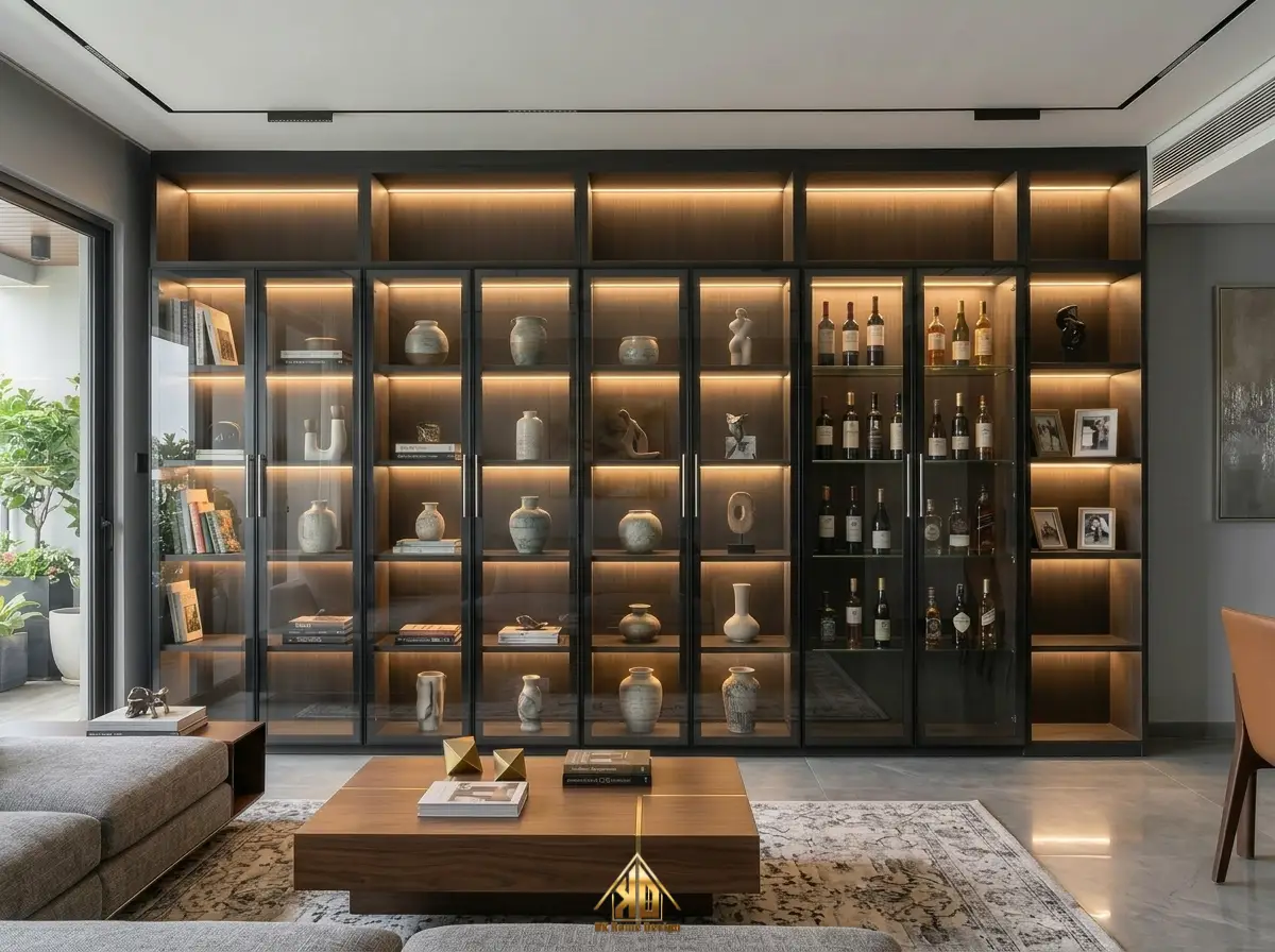 Nên dùng gỗ MDF hay gỗ tự nhiên làm nội thất phòng khách tại Đô Lương, Nghệ An? 16 Tủ rượu phòng khách bằng gỗ MDF tích hợp đèn LED