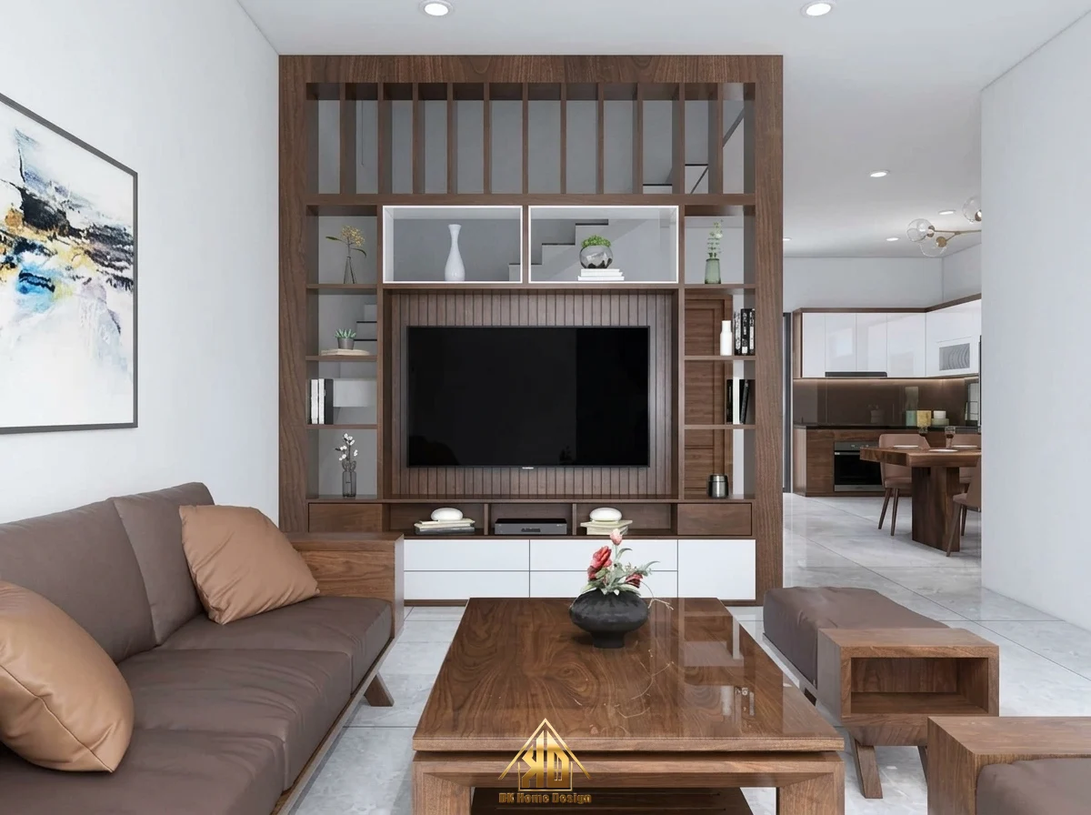 Kinh Nghiệm Thi Công Nội Thất Phòng Khách Nhà Ống Đô Lương, Nghệ An Đẹp & Tối Ưu Công Năng 7 Vách ngăn CNC cầu thang phòng khách nhà phố