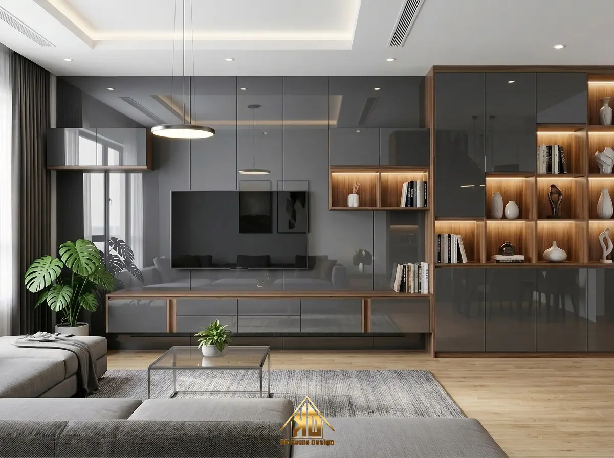 Kinh Nghiệm Thi Công Nội Thất Phòng Khách Nhà Ống Đô Lương, Nghệ An Đẹp & Tối Ưu Công Năng 9 Ốp vách tivi bằng chất liệu Acrylic bóng gương