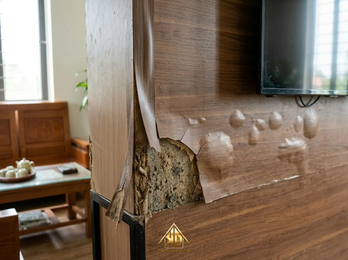 Nguyên nhân nội thất phòng khách xuống cấp của gia chủ Đô Lương, Nghệ An sau 2 năm đưa vào sử dụng 2 Vách ốp tivi gỗ công nghiệp bị phồng rộp bong tróc