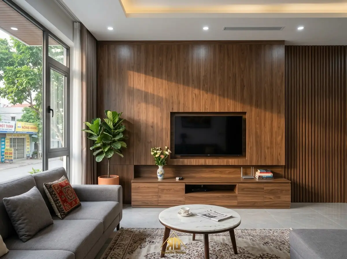 Nên dùng gỗ MDF hay gỗ tự nhiên làm nội thất phòng khách tại Đô Lương, Nghệ An? 9 Vách tivi ốp gỗ MDF Melamine vân gỗ hiện đại