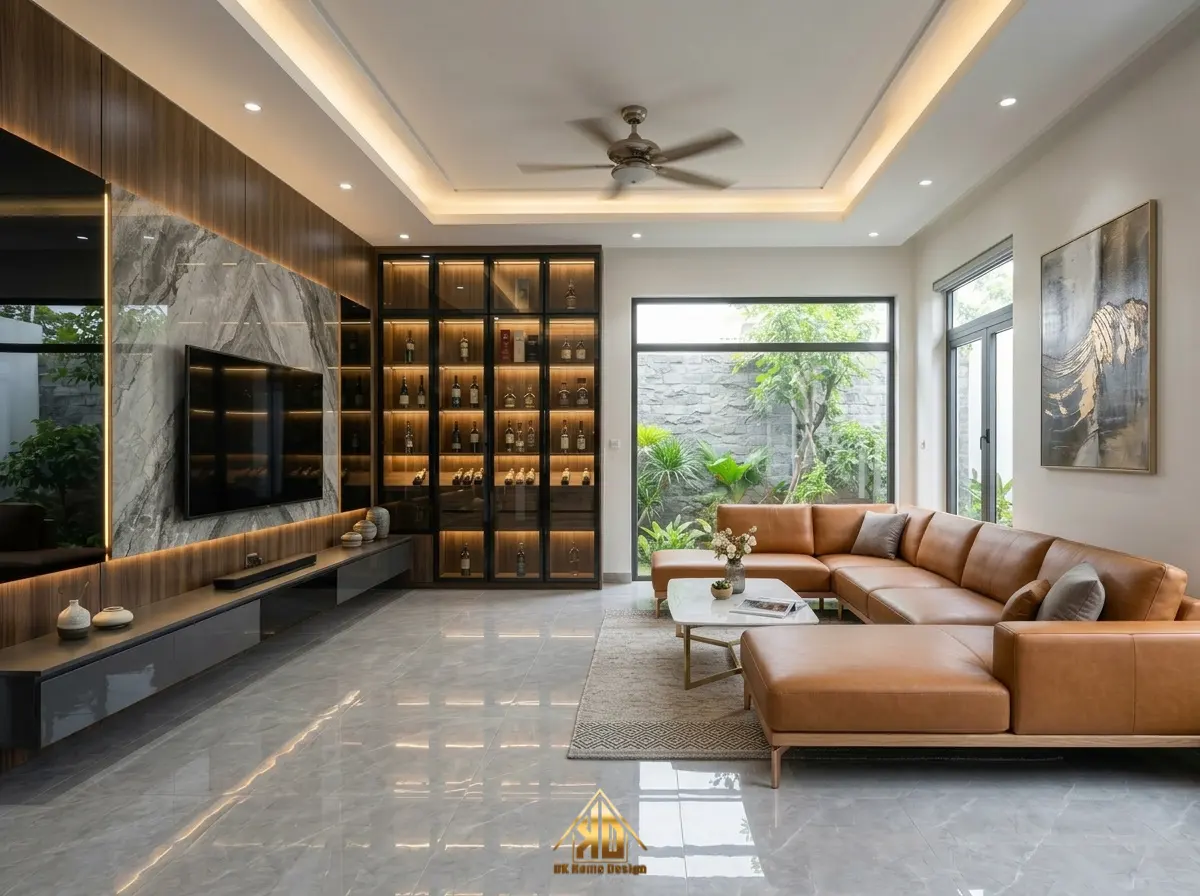 Kinh Nghiệm Thi Công Nội Thất Phòng Khách Nhà Ống Đô Lương, Nghệ An Đẹp & Tối Ưu Công Năng 4 Vách tivi nguyên khối cho phòng khách nhà ống 4m