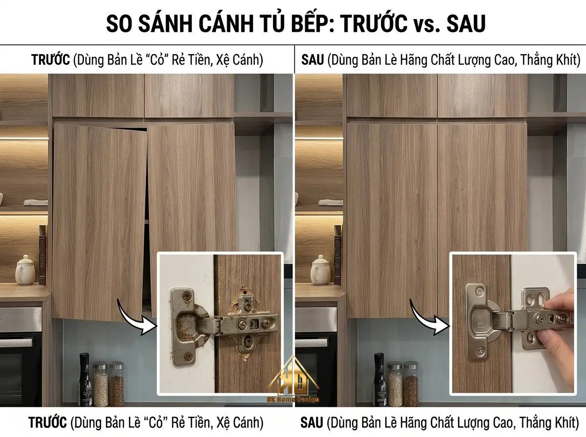 Quy định bảo hành phụ kiện thi công nội thất trọn gói: Bản lề, ray trượt minh bạch sau khi bàn giao tại Đô Lương, Nghệ An năm 2026 3 So sánh bản lề tủ bếp xệ cánh và bản lề chính hãng