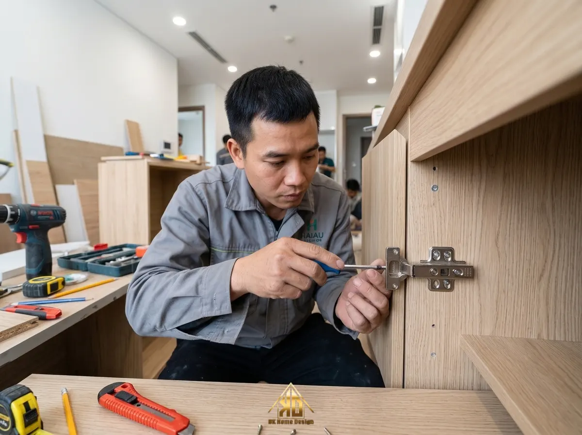 Quy định bảo hành phụ kiện thi công nội thất trọn gói: Bản lề, ray trượt minh bạch sau khi bàn giao tại Đô Lương, Nghệ An năm 2026 4 Bảo hành bản lề giảm chấn Hafele chính hãng