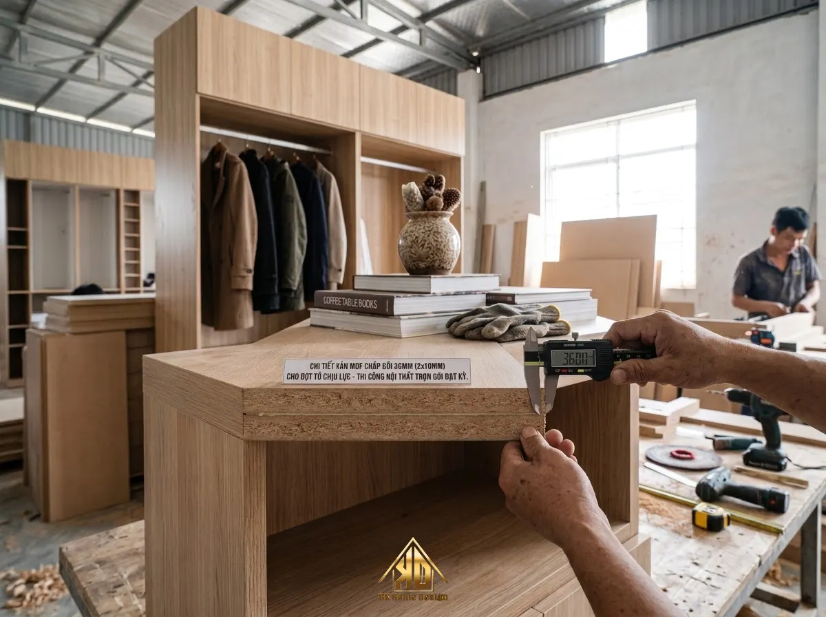 Tiêu chuẩn kết cấu tủ áo MDF khi thi công nội thất trọn gói tại Đô Lương, Nghệ An chống sập gãy 5 Chi tiết ván MDF chập đôi 36mm cho đợt tủ chịu lực