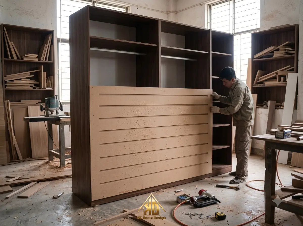 Tiêu chuẩn kết cấu tủ áo MDF khi thi công nội thất trọn gói tại Đô Lương, Nghệ An chống sập gãy 6 Hậu tủ quần áo MDF 9mm soi rãnh chống ẩm