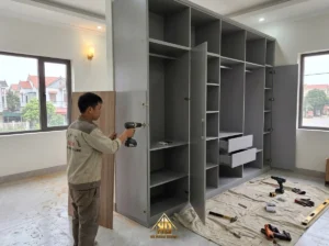 Tiêu chuẩn kết cấu tủ áo MDF khi thi công nội thất trọn gói tại Đô Lương, Nghệ An chống sập gãy