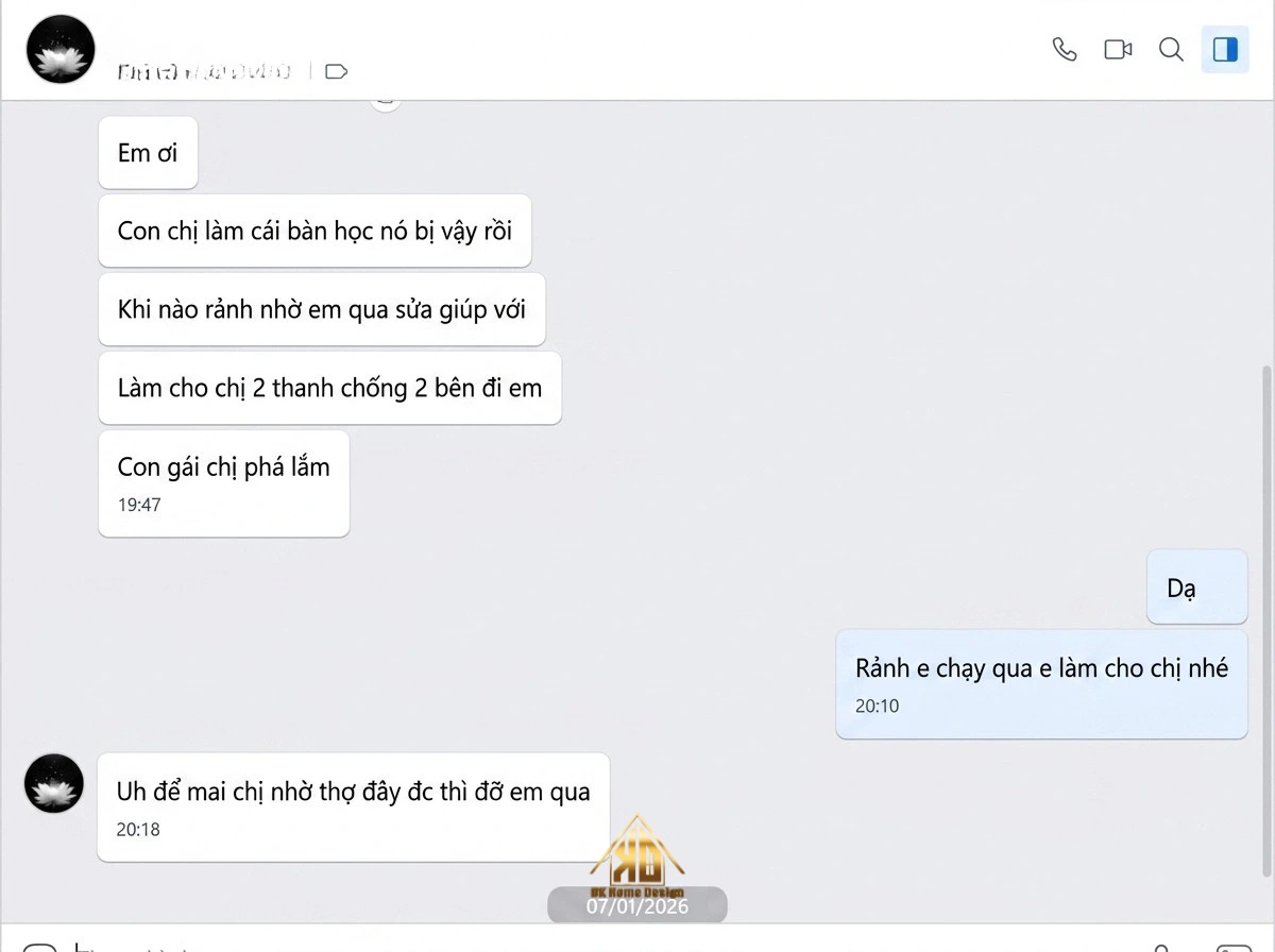Quy định bảo hành phụ kiện thi công nội thất trọn gói: Bản lề, ray trượt minh bạch sau khi bàn giao tại Đô Lương, Nghệ An năm 2026 11 Quy trình tiếp nhận bảo hành nội thất qua Zalo