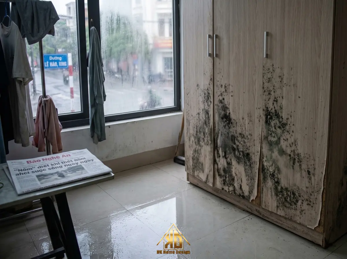 Ván MDF Bị Mốc Khi Thi Công Nội Thất Trọn Gói Giao Khoán Sau 1 Năm Sử Dụng Lỗi Do Đâu? 5 Khí hậu nồm ẩm tại Nghệ An gây mốc gỗ công nghiệp
