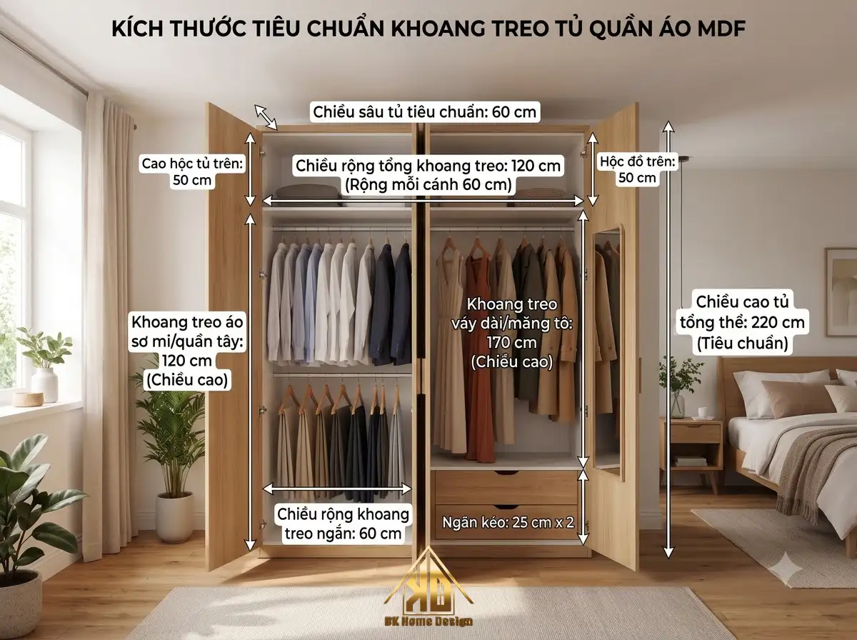 Tiêu chuẩn kết cấu tủ áo MDF khi thi công nội thất trọn gói tại Đô Lương, Nghệ An chống sập gãy 8 Kích thước tiêu chuẩn tủ quần áo MDF khoang treo
