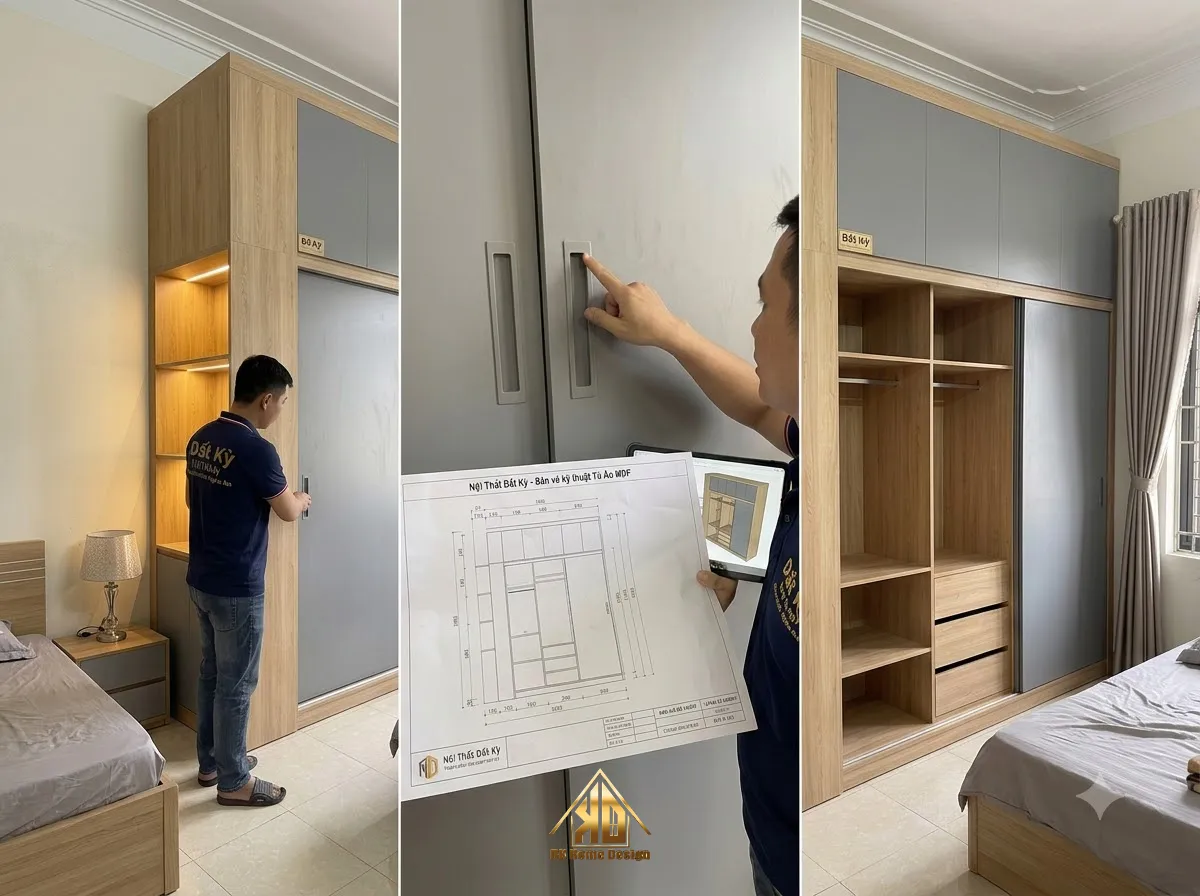 Tiêu chuẩn kết cấu tủ áo MDF khi thi công nội thất trọn gói tại Đô Lương, Nghệ An chống sập gãy 16 Nghiệm thu tủ áo MDF Đất Kỳ thi công thực tế sát bản vẽ