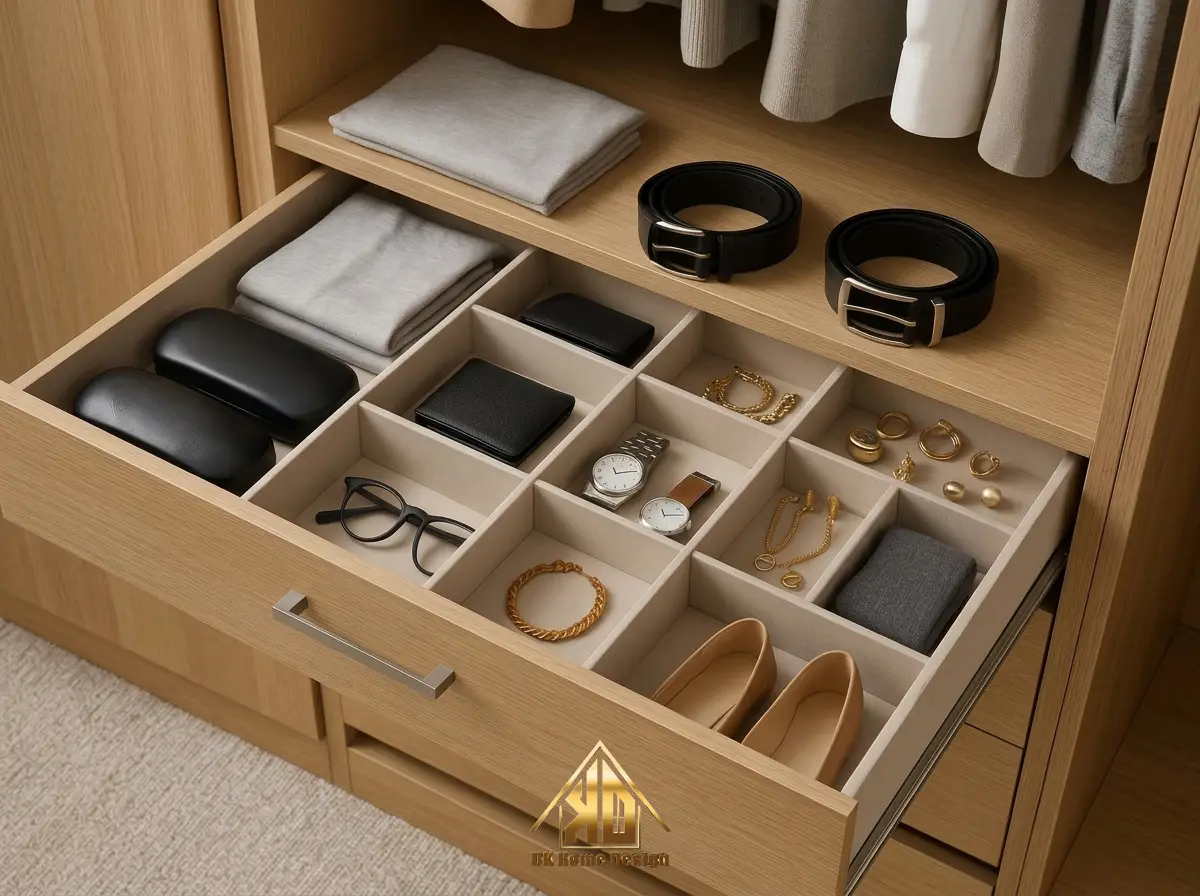 Tiêu chuẩn kết cấu tủ áo MDF khi thi công nội thất trọn gói tại Đô Lương, Nghệ An chống sập gãy 12 Ray trượt âm giảm chấn cho ngăn kéo tủ áo