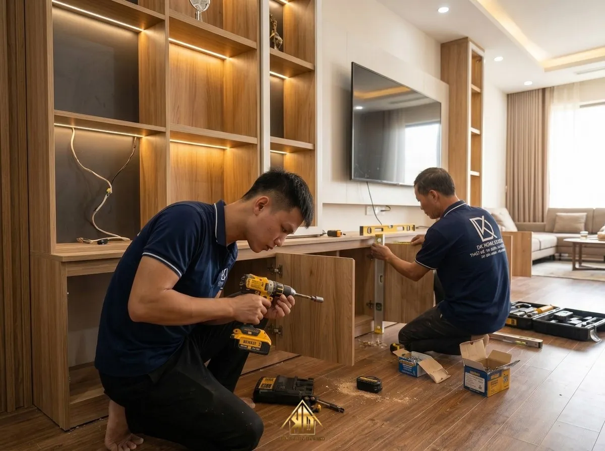 99+ Mẫu Phòng Khách Nội Thi Công Thất Trọn Gói Tại Đô Lương, Nghệ An Xu Hướng Mới Nhất 2026 14 Đội ngũ thợ mộc Đất Kỷ thi công lắp đặt nội thất tại công trình