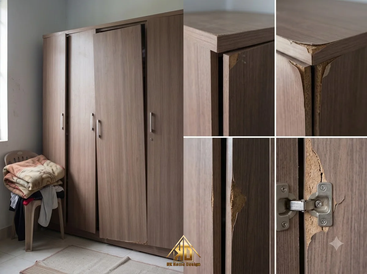 Tiêu chuẩn kết cấu tủ áo MDF khi thi công nội thất trọn gói tại Đô Lương, Nghệ An chống sập gãy 2 Tủ áo gỗ công nghiệp kém chất lượng bị xệ cánh