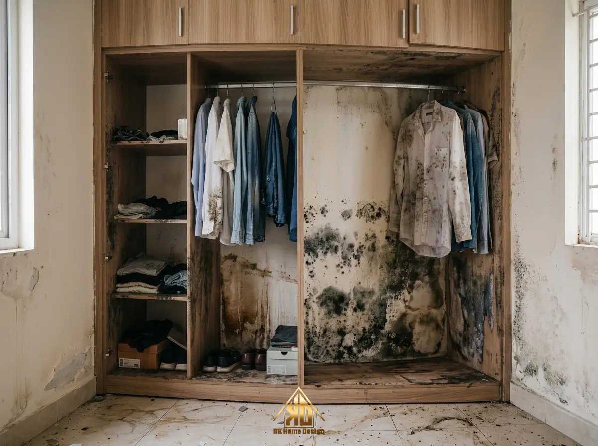 Ván MDF Bị Mốc Khi Thi Công Nội Thất Trọn Gói Giao Khoán Sau 1 Năm Sử Dụng Lỗi Do Đâu? 4 Tủ quần áo âm tường bị ẩm mốc lây từ tường sang gỗ