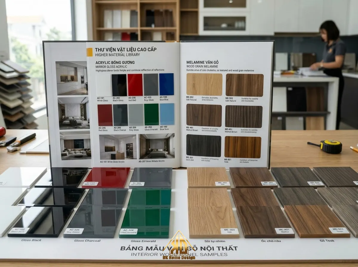 Dịch vụ thi công nội thất trọn gói ở Đô Lương Nghệ An chuyên nghiệp : Khảo sát tận nhà, đo đạc trực tiếp 6 Bảng màu ván gỗ công nghiệp MDF và Acrylic cao cấp