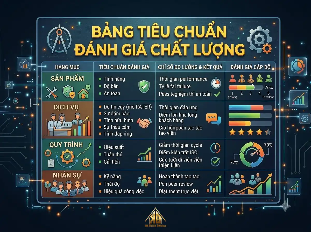 Tiêu Chuẩn Nghiệm Thu Thi Công Nội Thất Trọn Gói Gỗ Công Nghiệp Ở Yên Thành (Cập Nhật 2026) 5 Bảng tiêu chuẩn đánh giá chất lượng nội thất Đạt Kỳ