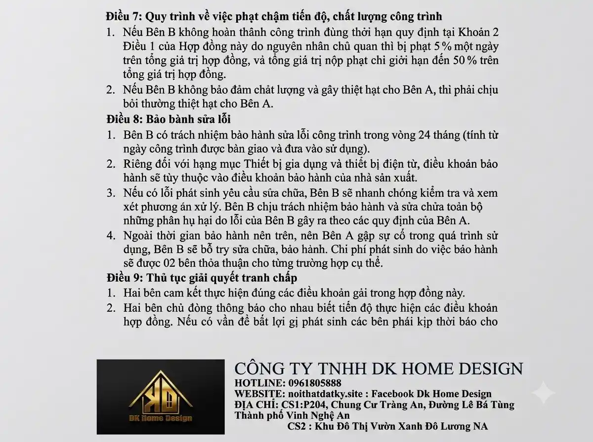 Cam kết tiến độ thi công nội thất trọn gói trong hợp đồng: Chậm một ngày phạt bao nhiêu tiền? 5 Quy định điều khoản phạt chậm tiến độ thi công trong luật