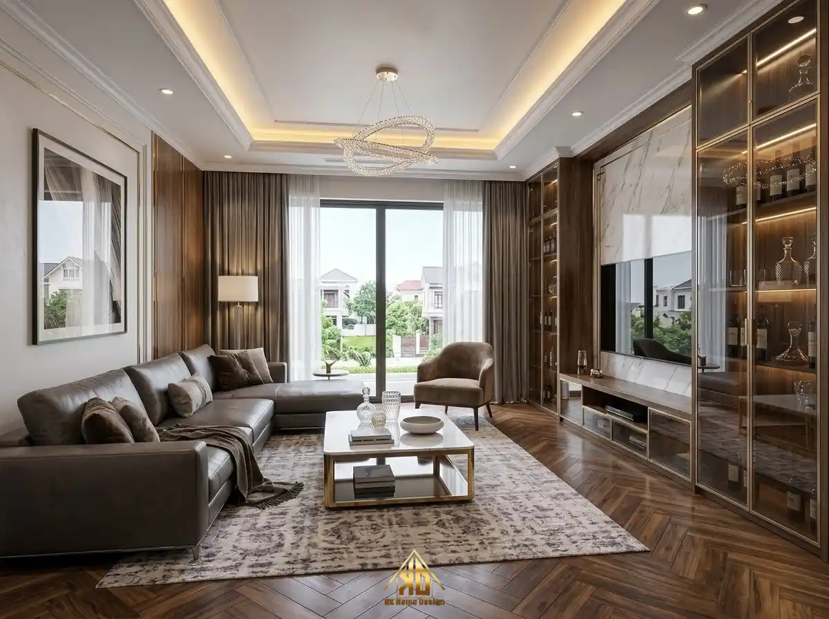 Xu Hướng Thi Công Nội Thất Trọn Gói Hiện Đại Tại Yên Thành Hot Nhất Năm 2026 5 Nội thất phòng khách Modern Luxury nẹp nhôm mạ PVD và cánh kính cao cấp
