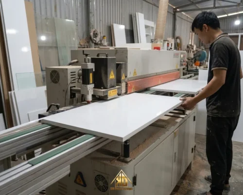 Đơn Vị Thiết Kế Thi Công Nội Thất Trọn Gói Gỗ Công Nghiệp Ở Yên Thành Chuẩn MDF Chống Ẩm 31 Quá trình dán cạnh không đường line tại xưởng mộc