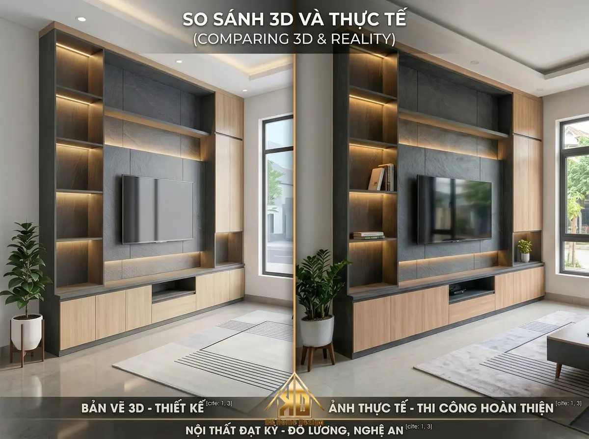 Các Tiêu Chuẩn Thi Công Nội Thất Trọn Gói Phòng Khách Yên Thành 2026 Là Gì? 3 So sánh bản vẽ 3D và thực tế thi công nội thất phòng khách